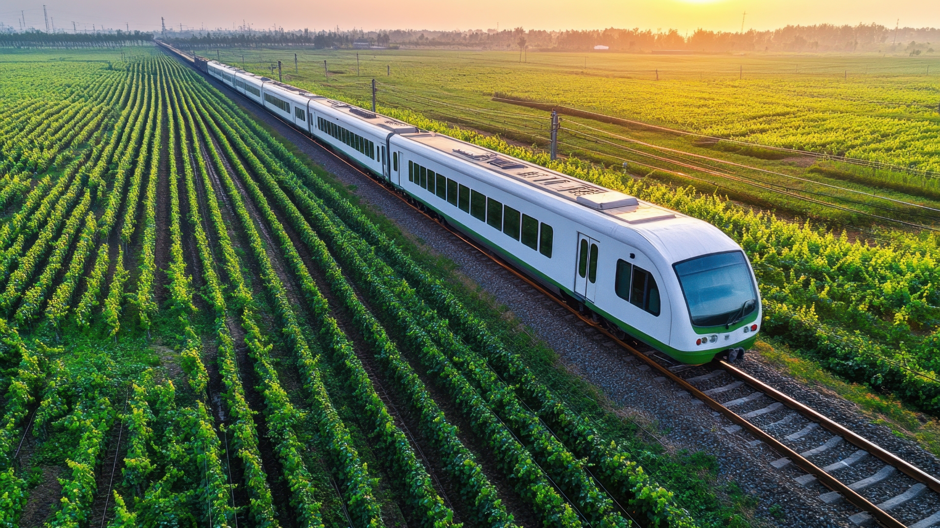A modern electric train cutting through lush farmland, showcasing sustainable transit and rural connectivity.