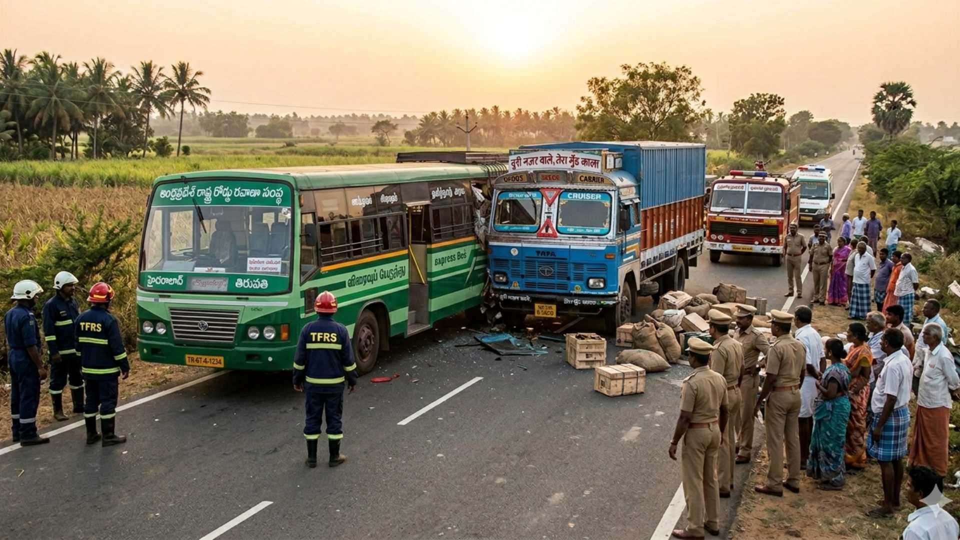 Tragic bus-lorry collision in Markapuram kills 14, injures 28.