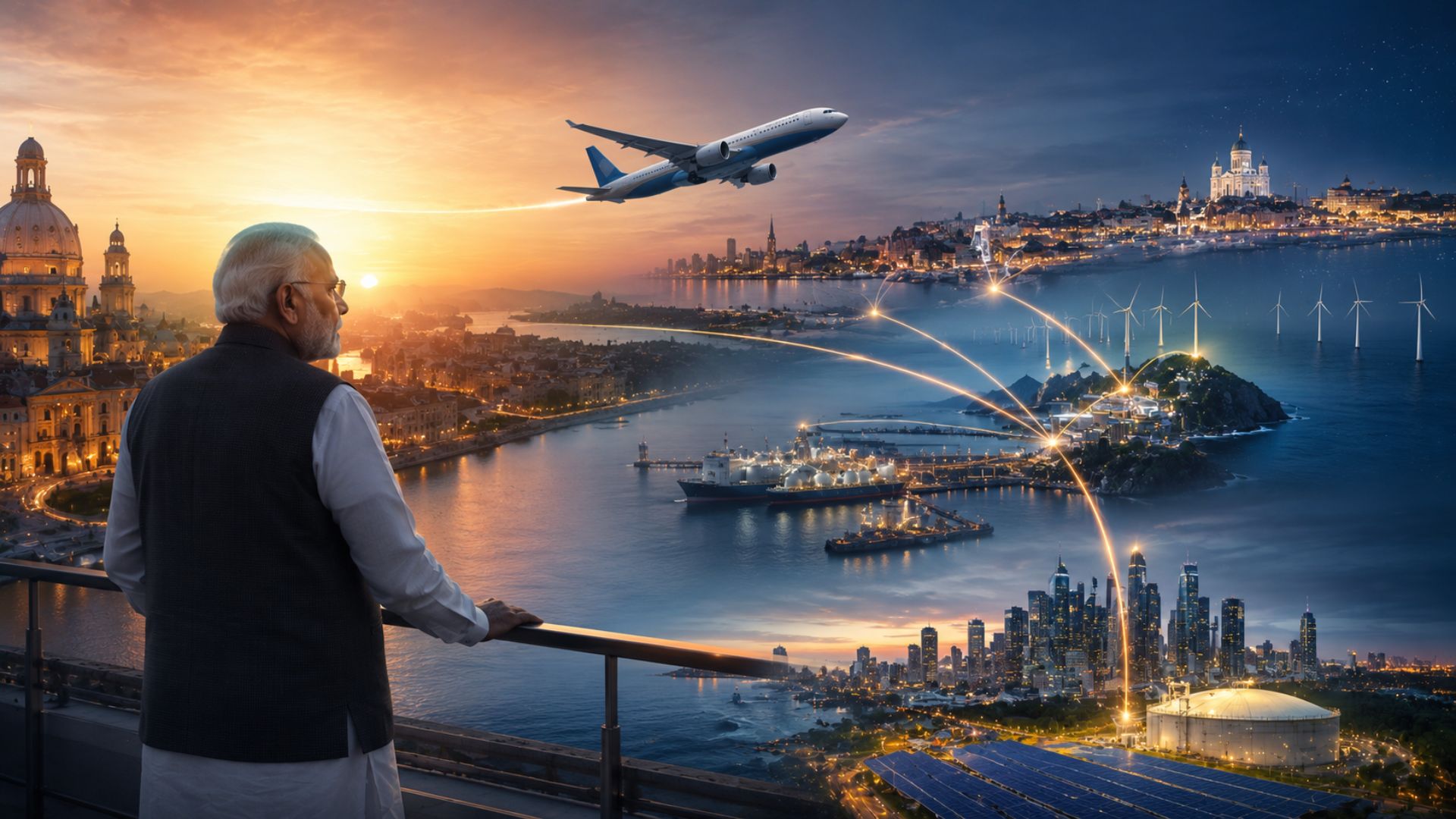 Scene of global connectivity featuring aircraft routes, coastal infrastructure, clean energy hubs, and modern diplomatic landscapes.